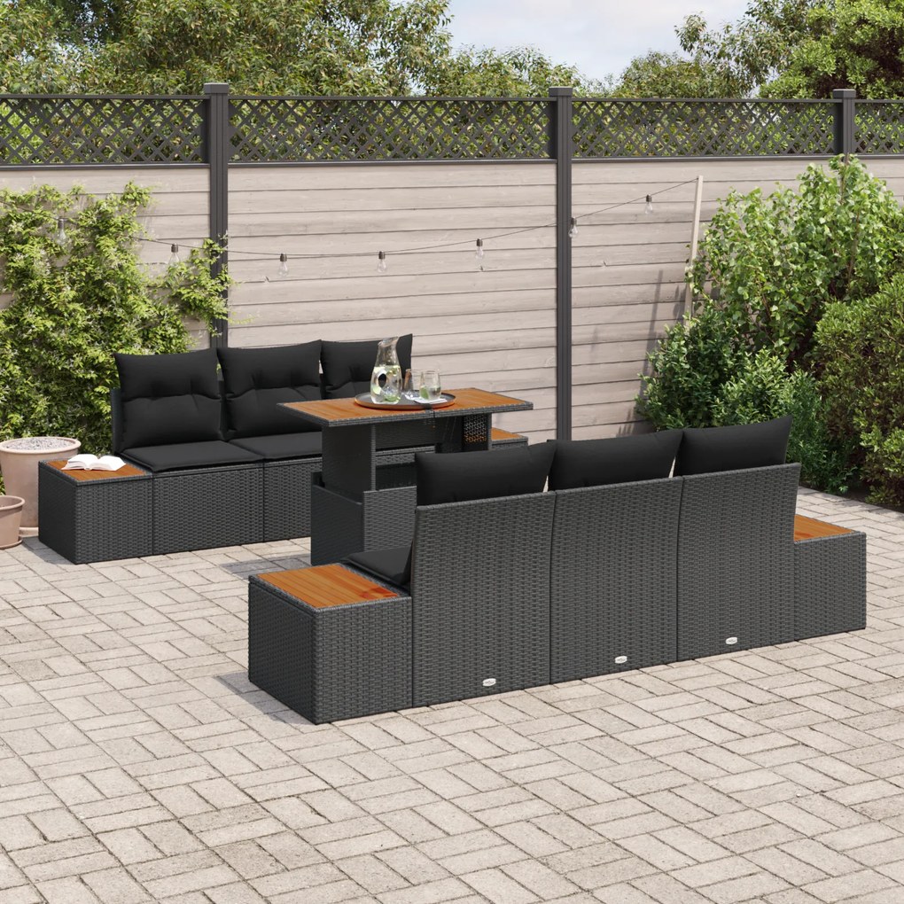 Conjunto de Jantar de 7 Peças com Almofadas Preto Rattan Sintético Acá