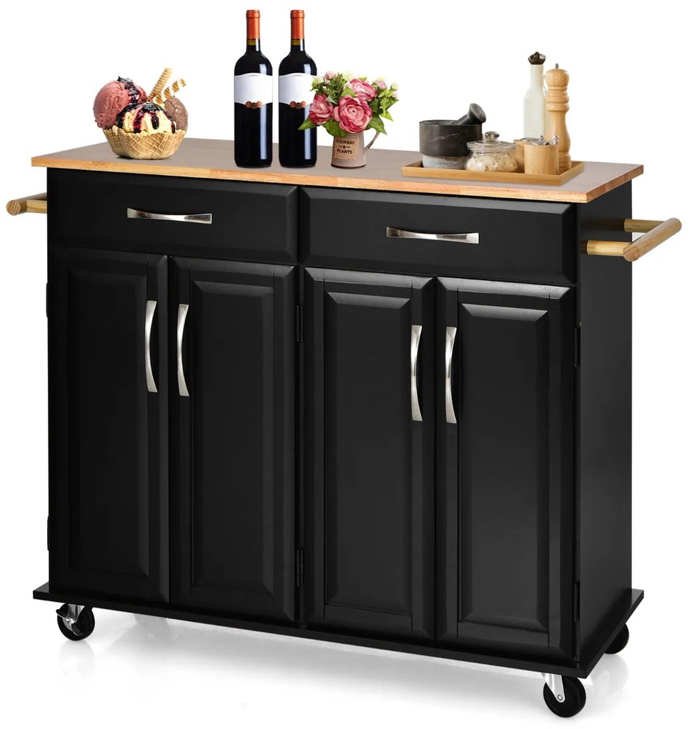 Carrinho para ilha de cozinha com tampo de madeira Estantes ajustáveis 2 gavetas grandes 122 x 48 x 92,5 cm Preto