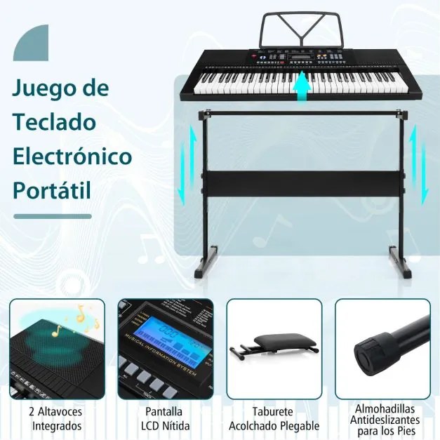 Teclado eletrónico portátil de 61 teclas com suporte e banco Conjunto completo de piano digital Branco + Preto
