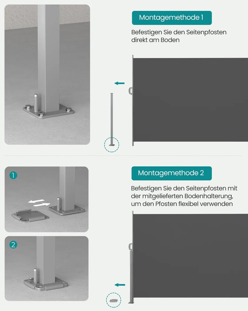 Toldo lateral de 180 x 500 cm com caixa de aço antracite
