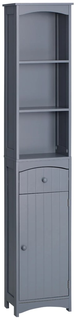 HOMCOM Coluna Casa de Banho com 1 Gaveta Armário e 3 Prateleiras Abertas Armário Alto para Casa de Banho 34x24x170 cm Cinzento | Aosom Portugal