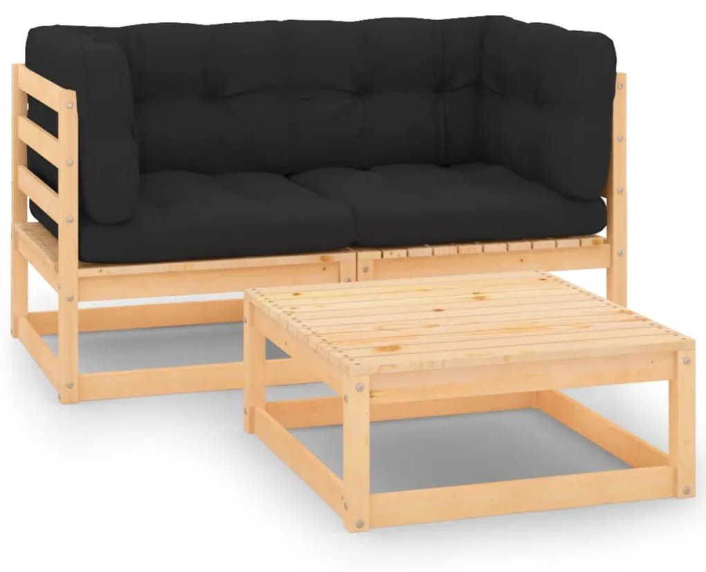 vidaXL 3 pcs conjunto lounge de jardim c/ almofadões pinho maciço