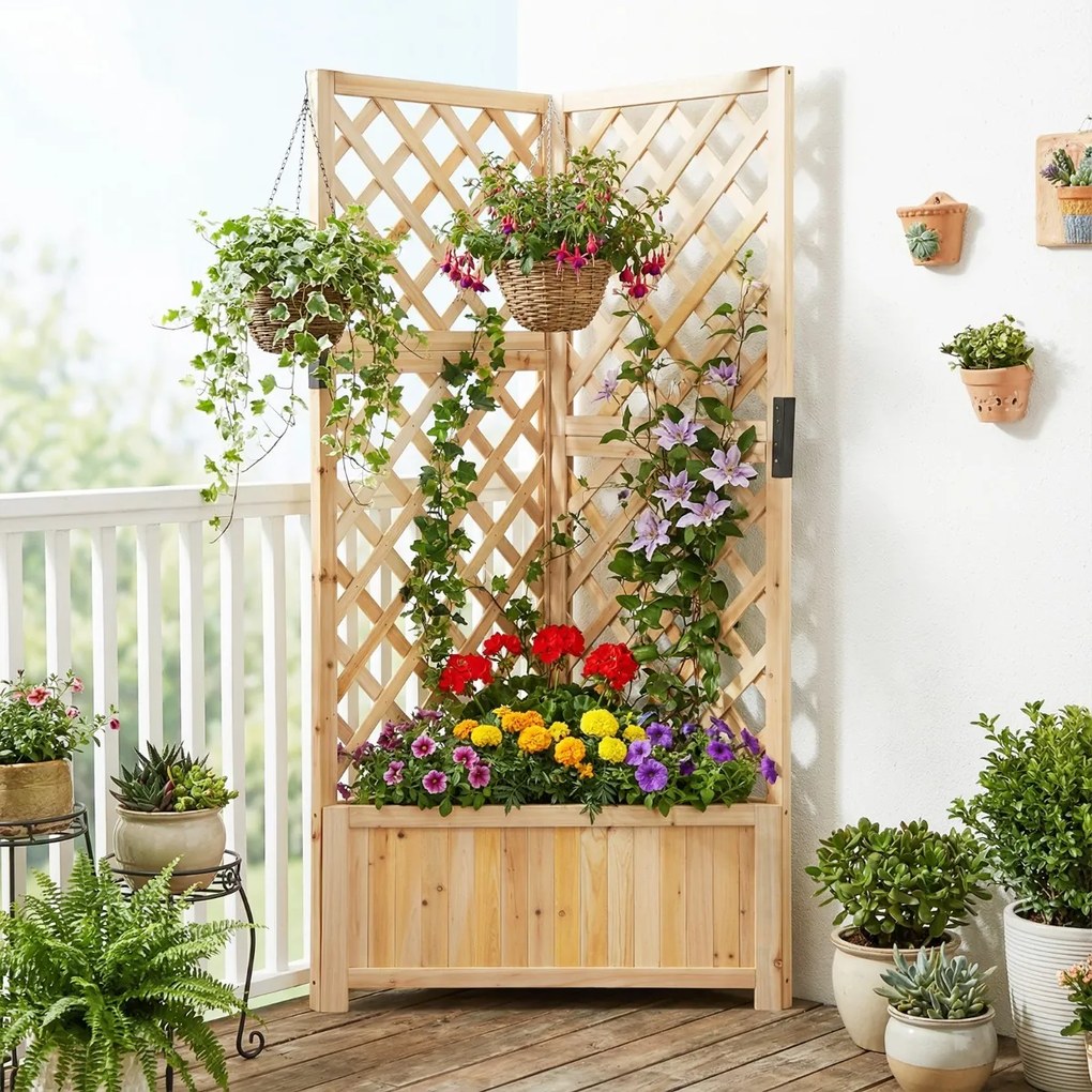 Floreira de jardim 55 x 55 x 140 cm elevada de canto com treliça para trepar com orifícios de drenagem para plantas natural