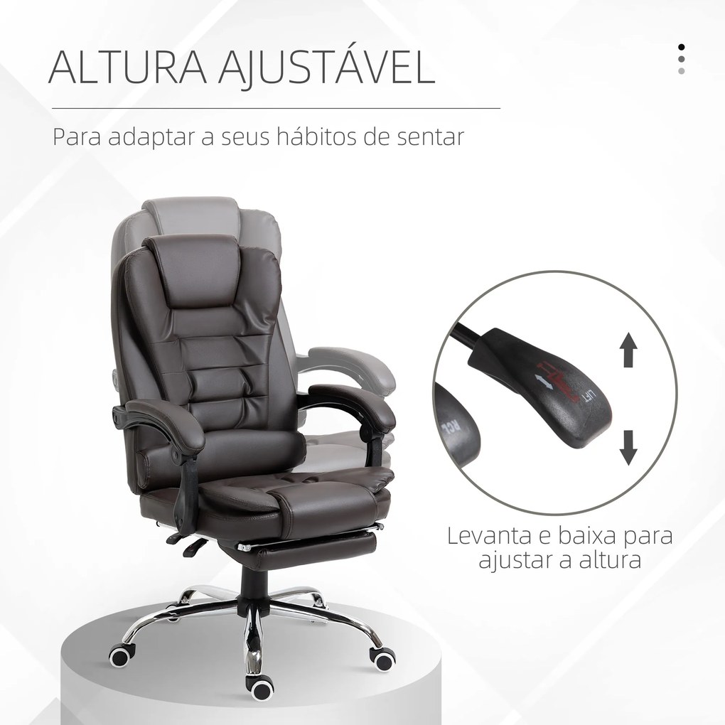 Cadeira de Escritório Reclinável Cadeira Executiva Giratória com Altura Ajustável Estofada em PU 64,5x69x109-117 cm Castanho