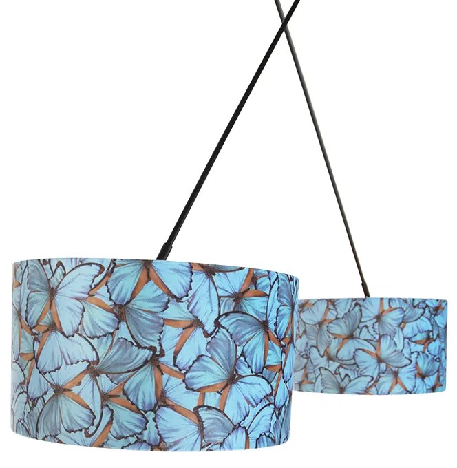 Candeeiro de suspensão preto com abajures de veludo borboletas com dourado 35 cm 2-luzes - Blitz Clássico / Antigo,Moderno