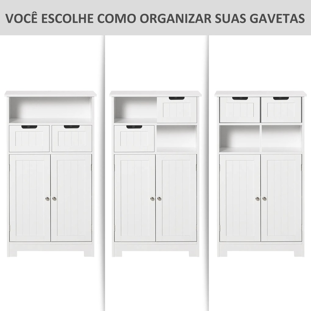 Armário de Casa de Banho com 2 Portas Prateleira Ajustável 2 Gavetas e Compartimento Aberto Móvel Auxiliar de Armazenamento para Sala de Estar Cozinha