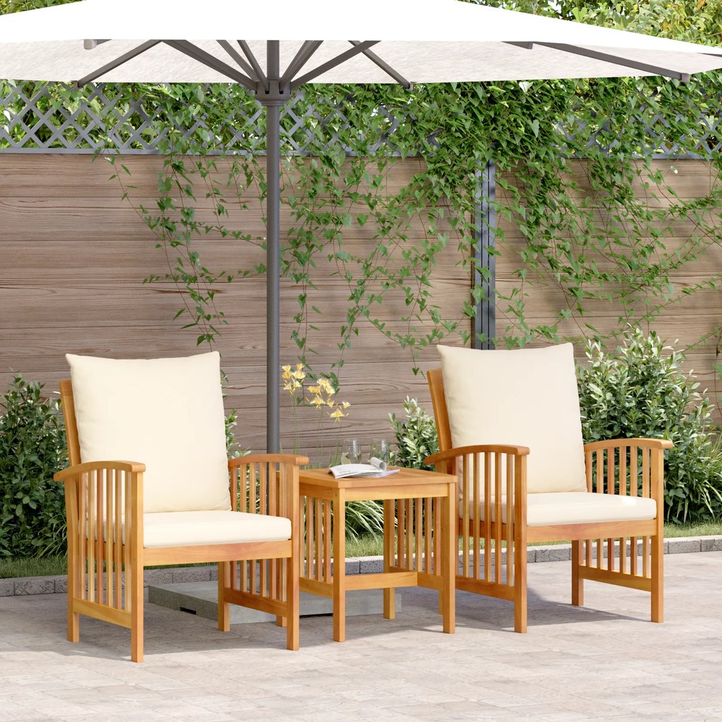 Conjunto de Lounge para Jardim com 3 Peças e Almofadas em Madeira de Acácia Sólida