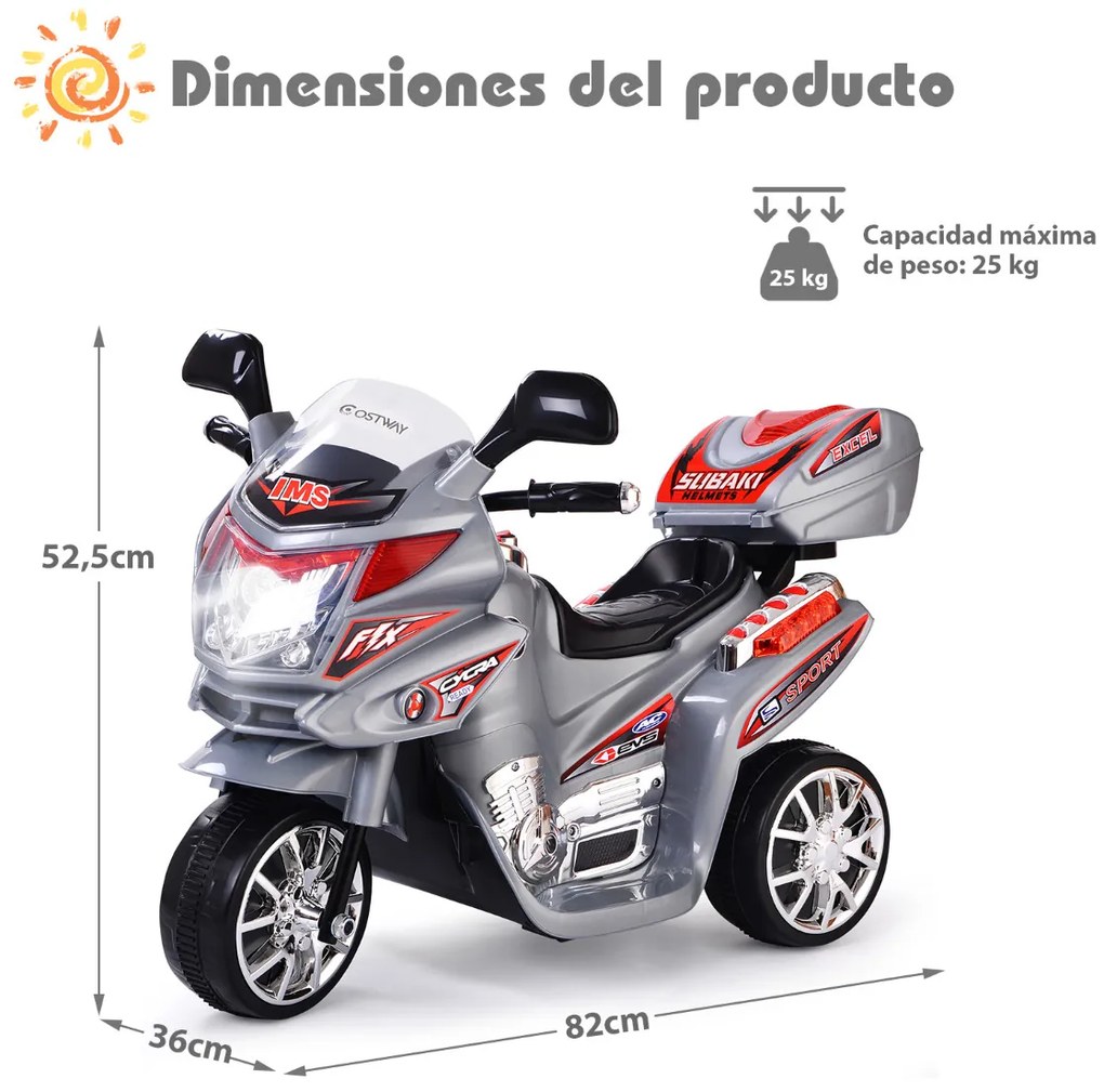 Mota de passeio para crianças Moto elétrica 6 V Brinquedo com 3 Rodas Música embutida Focos para frente e para trás cinzenta