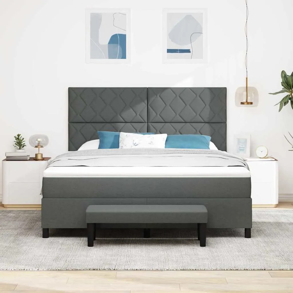 Cama Box com Colchão e Banco Cinza Escuro 180x200 cm Tecido