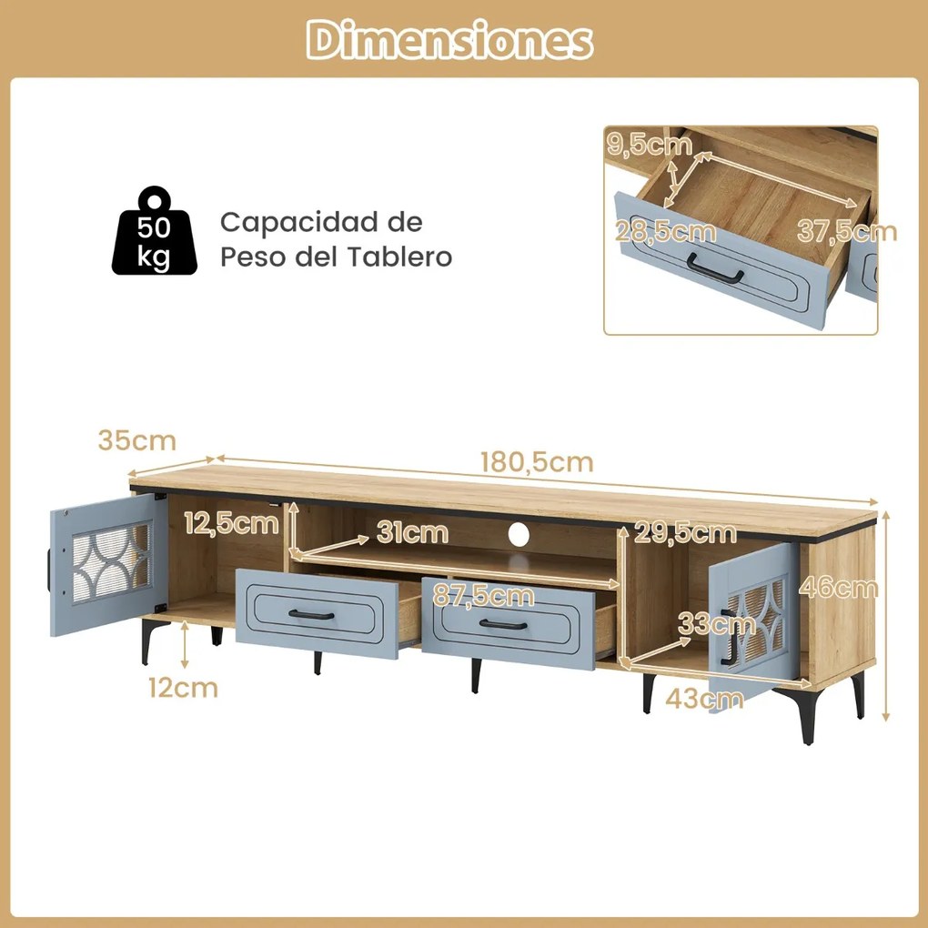 Móvel para TV de até 80 polegadas 180,5 x 35 x 46 cm com 2 gavetas, 2 compartimentos com porta e prateleira para sala de estar Natural