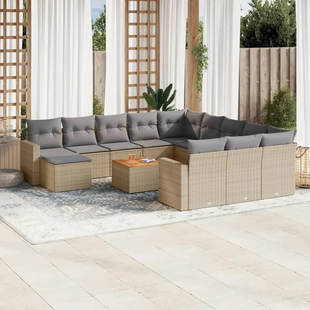 13 pcs conj. sofás jardim c/ almofadões vime PE bege misturado