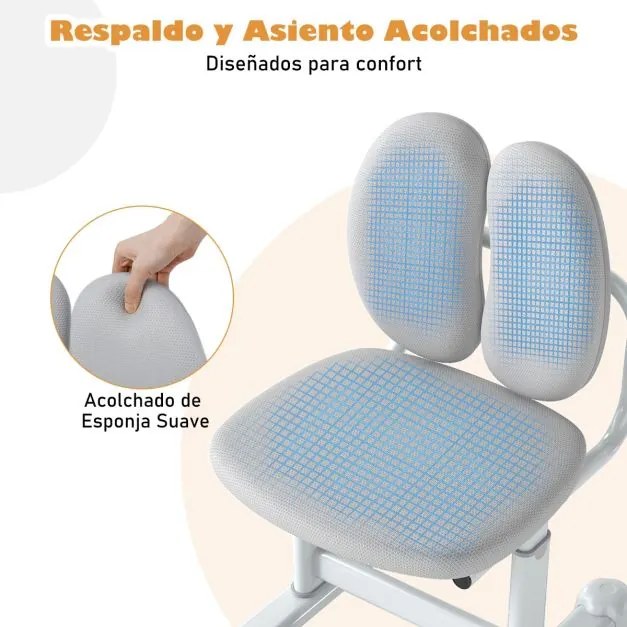 Cadeira de escritório para crianças com apoio duplo para as costas e altura ajustável estofada cinza