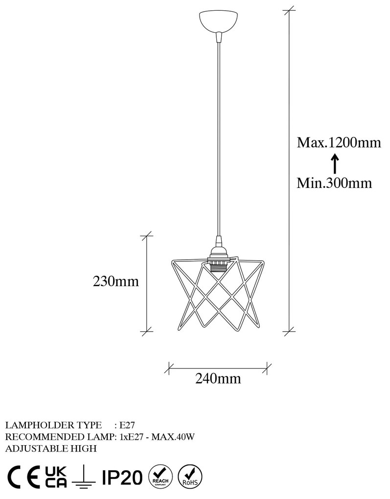 Candeeiro de Teto Akkas – Preto – Diâmetro 24 cm, Altura Ajustável 30-