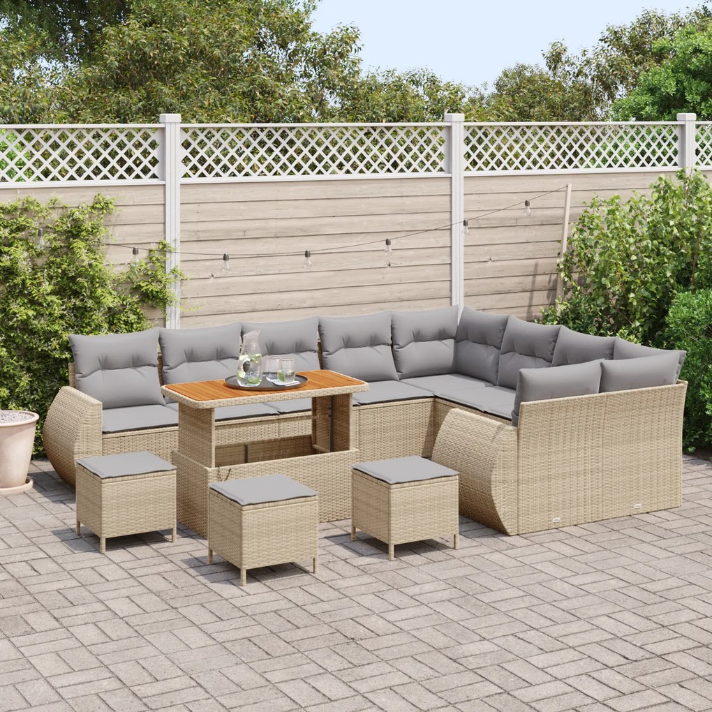 Conjunto de Sofá de Jardim com Almofadas de 13 Peças Bege Rattan Polié