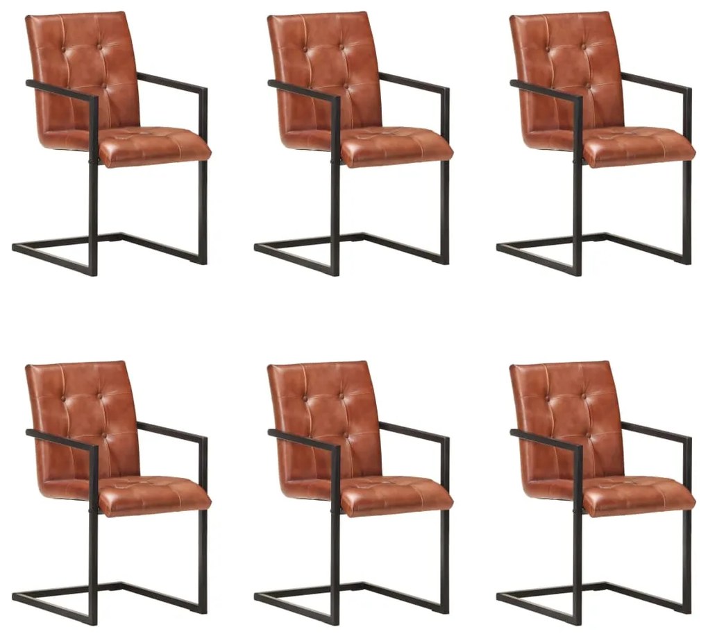 vidaXL Cadeiras de jantar cantilever 6 pcs couro genuíno castanho
