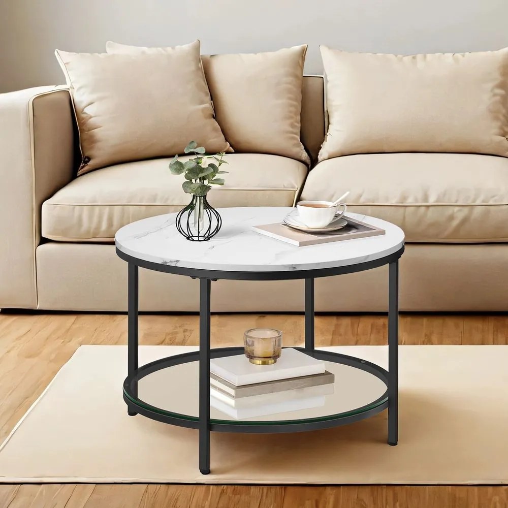 Mesa de sala com tampo em com efeito mármore e estrutura simples 65 x 46 cm (Ø x A) Branco mármore-Preto