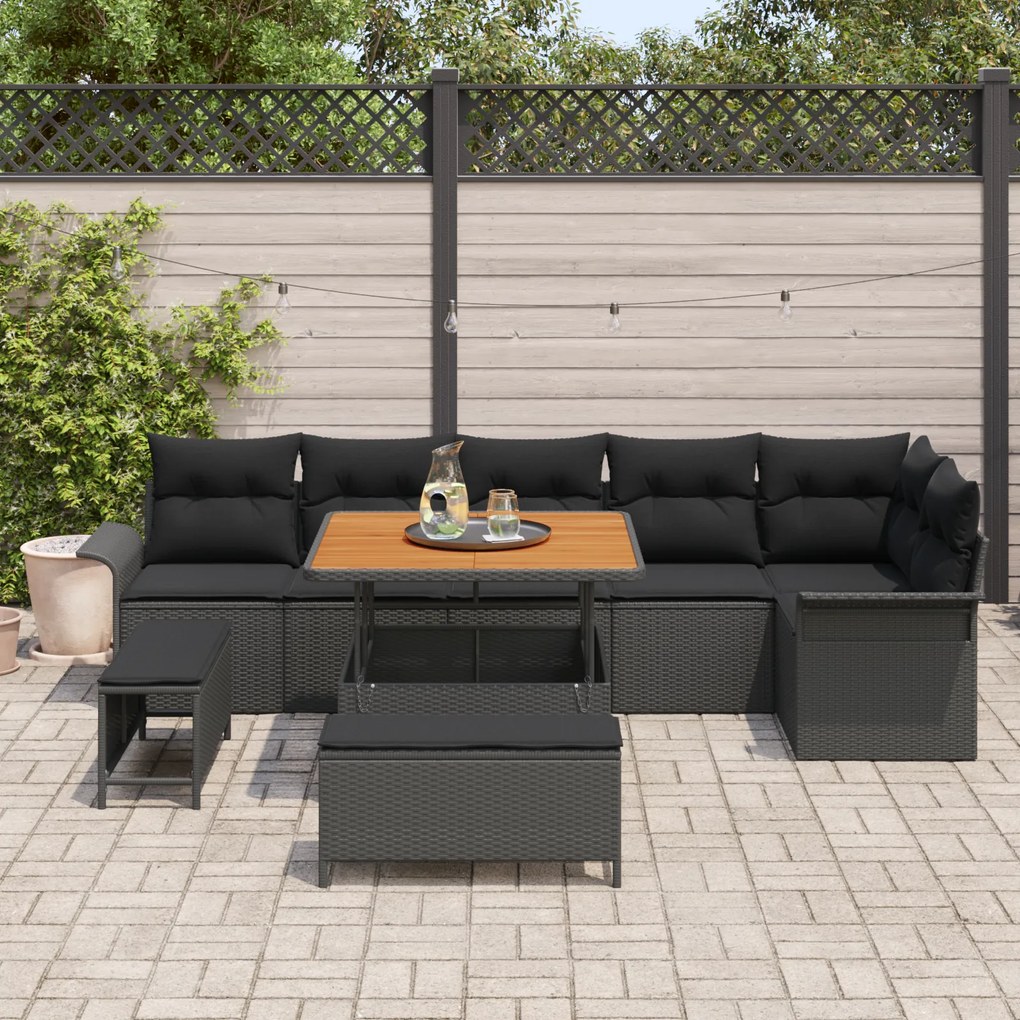 Conjunto de Sofá de Jardim de 9 Peças com Almofadas Preto Polirattan A