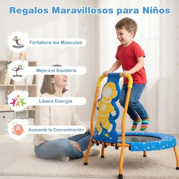 Mini trampolim Astronauta para crianças com alça acolchoada e capa de segurança em lona sem buracos para uso interno, de 3 a 6 anos Azul