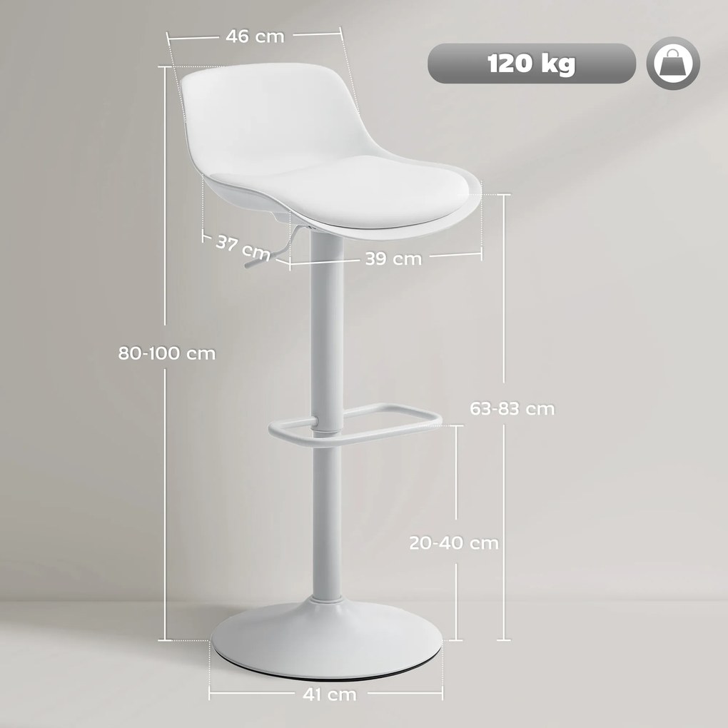 Conjunto de 2 bancos de bar, bancos altos de cozinha com assento giratório e altura ajustável, 43 x 45 x 100 cm, branco