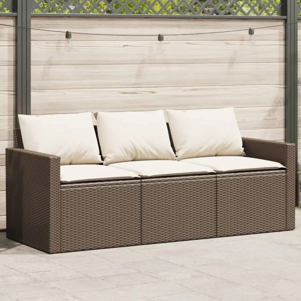 vidaXL Sofá de jardim com almofadões 3 lugares vime PE castanho