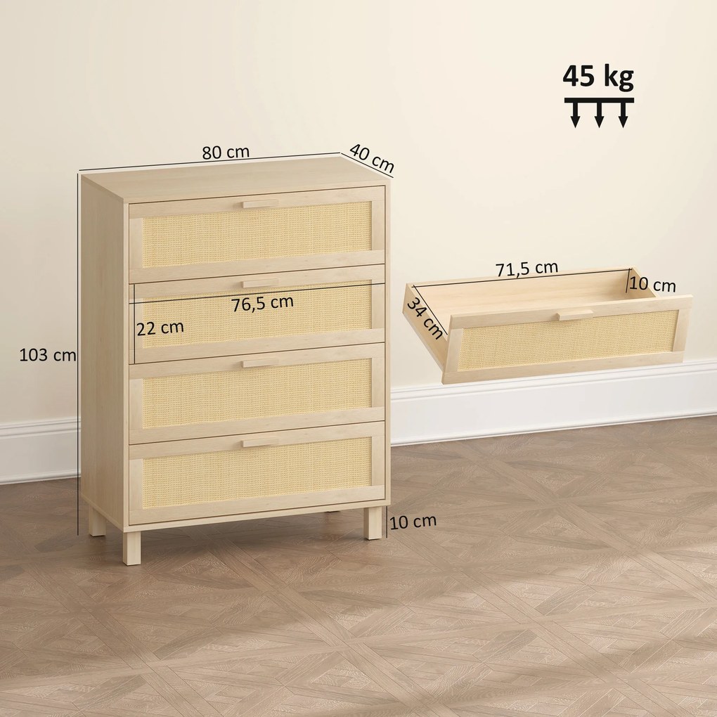 Cómoda com 4 gavetas em vime, 80 x 40 x 103 cm, MDF com acabamento em castanho claro