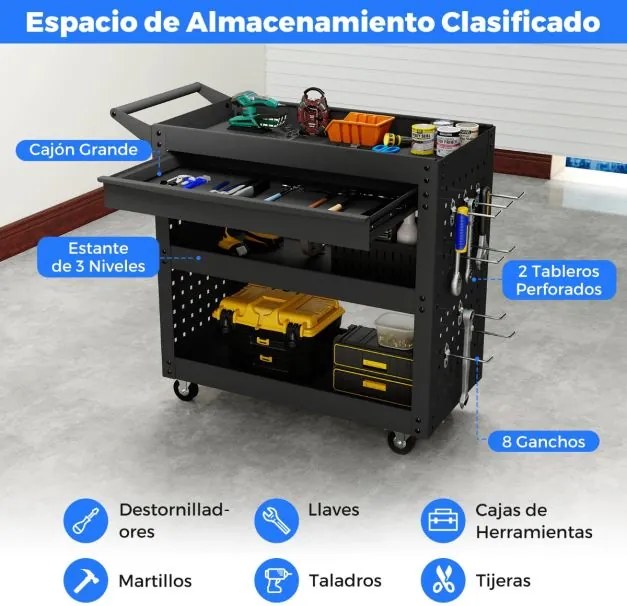 Armário para ferramentas metálico 80 x 35 x 73 cm com rodas, 3 níveis, gaveta e painéis perfurados para oficina, preto