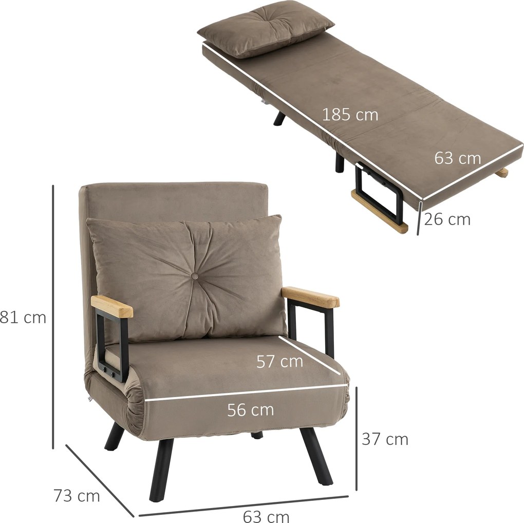 Poltrona convertível 4 em 1, cama individual, encosto com 5 posições, braços em madeira com almofada, tecido com efeito de veludo, castanho