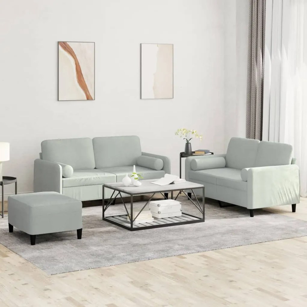 3 pcs conjunto de sofás com almofadas veludo cinzento-claro