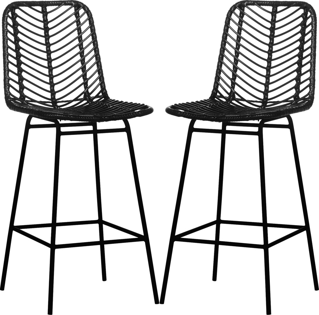 Conjunto de 2 bancos de bar de design boémio, com 66 cm de altura, com apoio para os pés em metal e rattan PE - preto
