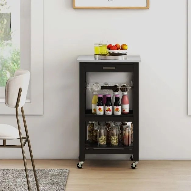 Carrinho de cozinha 47 x 39 x 85 cm de 4 níveis com bancada de metal Gaveta removível Cesto Bandeja móvel Preto
