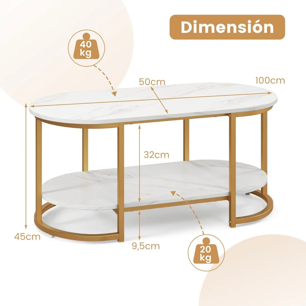 Mesa de centro em mármore de 2 níveis para sala de estar e quarto 100 x 50 x 45 cm Branco e dourado