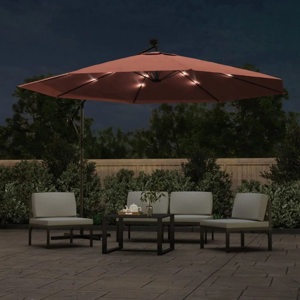 Guarda-sol de jardim cantilever c/ luzes LED 350 cm terracotta