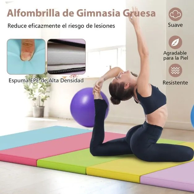 Tapete de ginástica dobrável 201 x 75 x 3 cm com 5 painéis para crianças, com alças de transporte para treino de ioga multicolorido 1