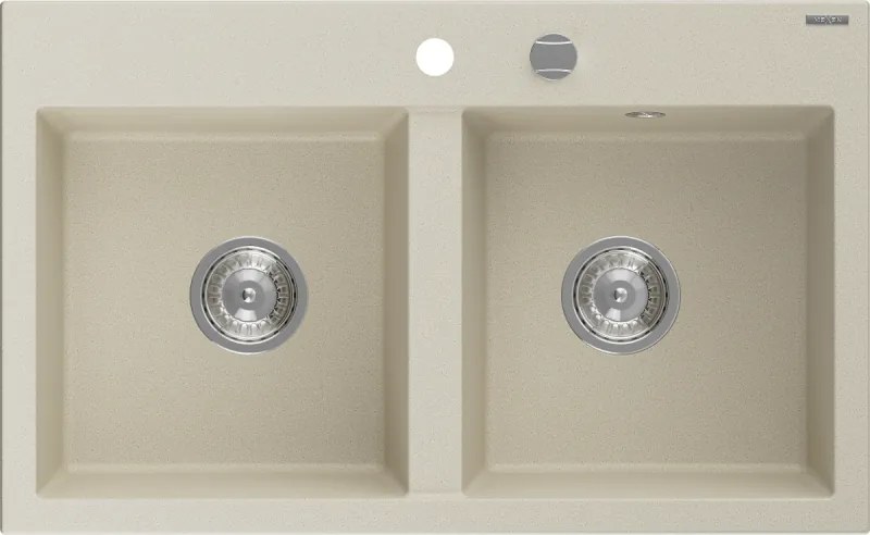 Mexen Hektor lava-loiça de granito de 2 cubas 800 x 480 mm, bege, sifão cromado - 6521802000-69