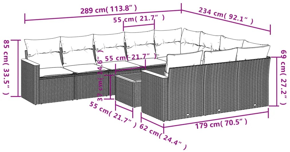 11 pcs conjunto sofás de jardim c/ almofadões vime PE preto