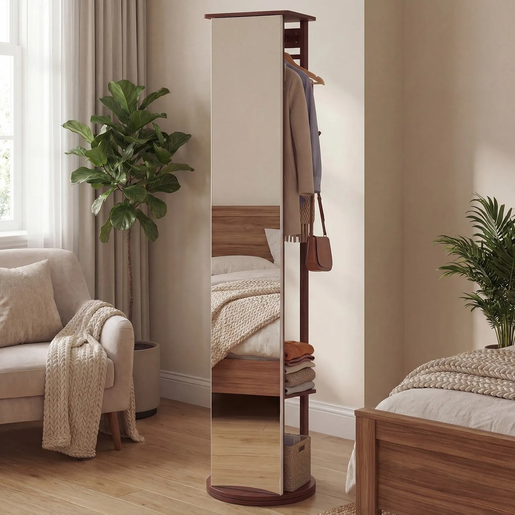 Espelho giratório 3 em 1 com cabideiro, estantes e ganchos – organizador para quarto – 44 x 168 cm – Castanho
