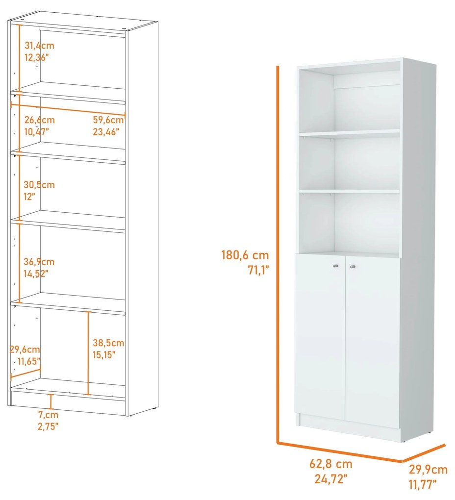 Estante alta  Cozinha uo escritório 2P Home com 2 portas e 3 prateleiras, 180,6 x 62,8 x 29,9 cm Branco