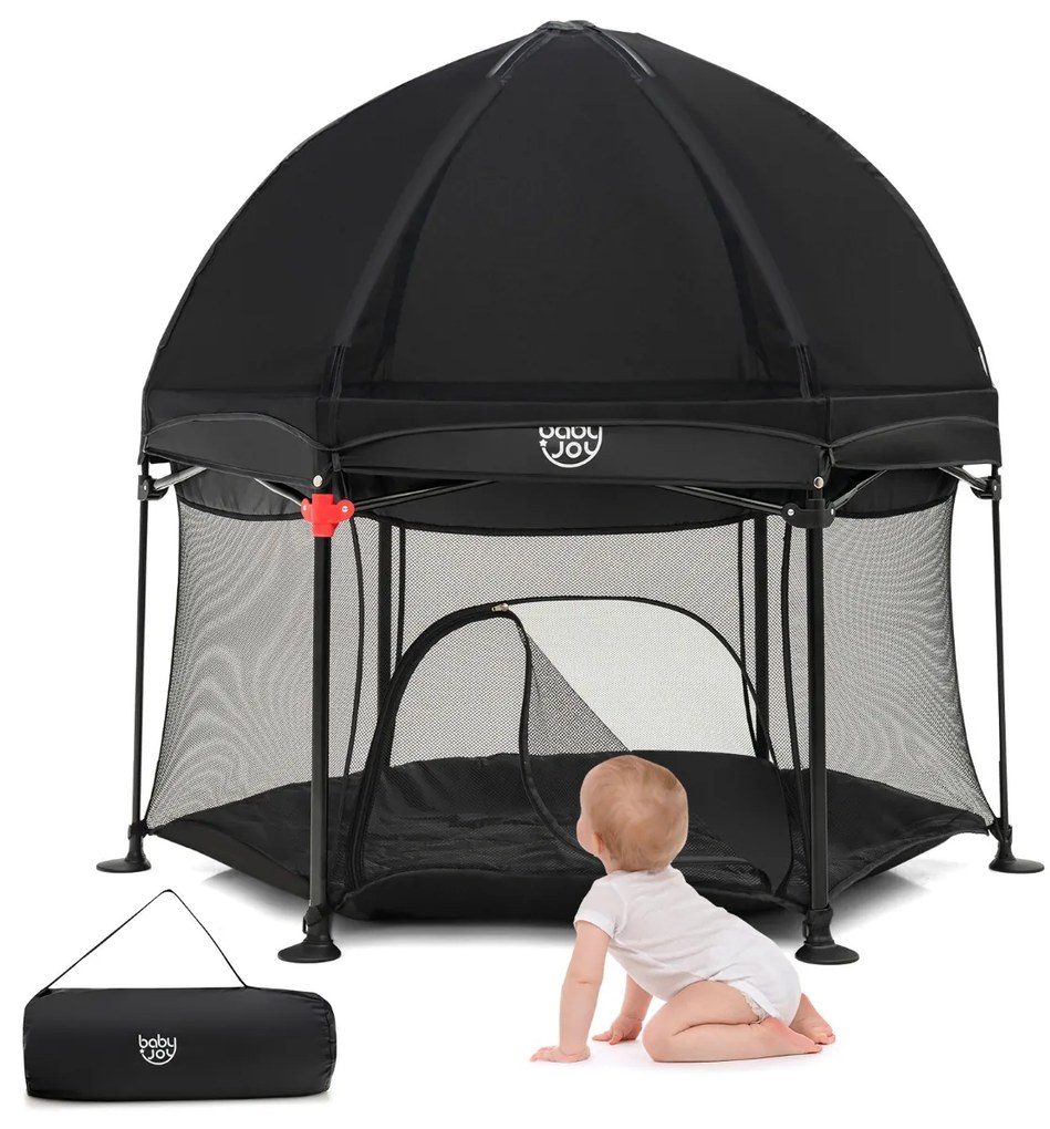 Parque Infantil Hexagonal para Crianças Portátil Dobrável com Tapete de Bebé Desdobrável 134 x 132 x 132 cm Preto