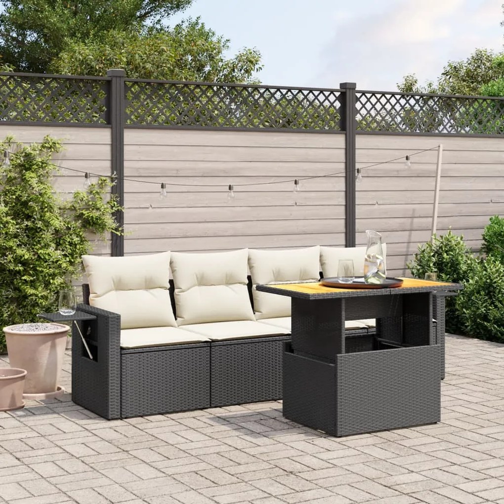 5 pcs conjunto sofás de jardim com almofadões vime PE preto