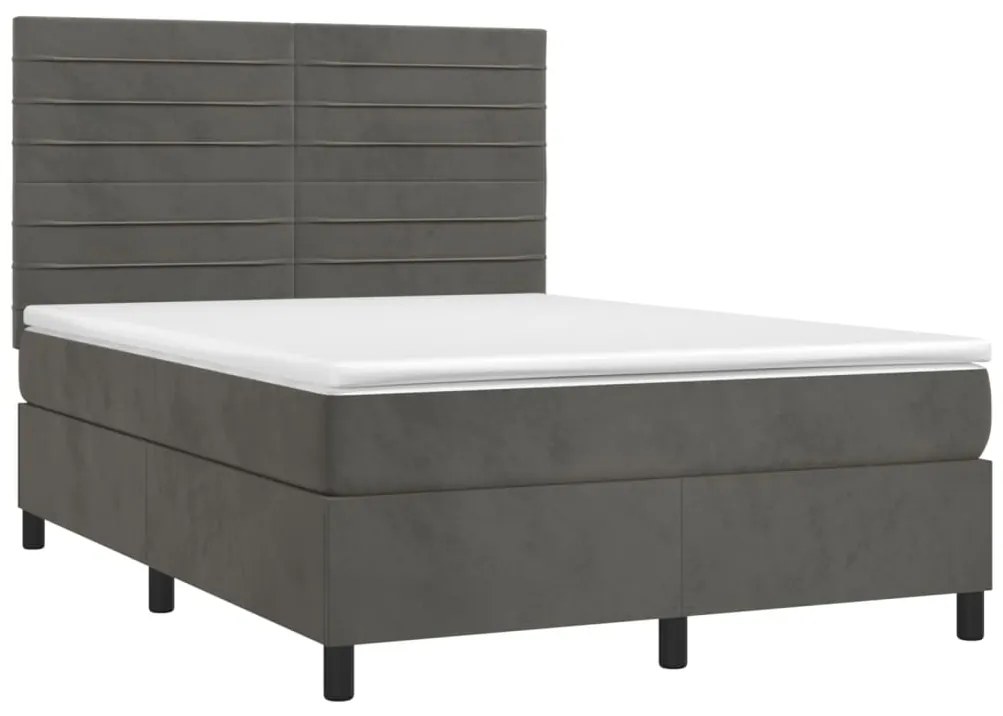 Cama box spring c/ colchão/LED 140x190cm veludo cinzento-escuro