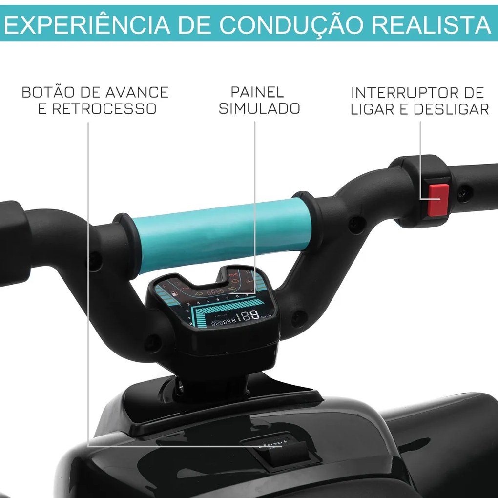 Moto 4 Elétrica para Crianças de 18-36 Meses a Bateria 6V com Avance e Retrocesso 72x40x45,5cm Preto