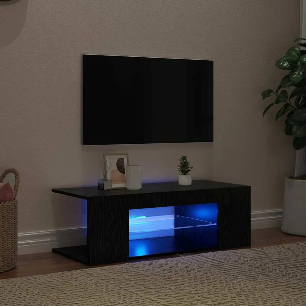 Armário de TV vidaXL com Luzes LED Carvalho Preto 90x39x30 cm Madeira