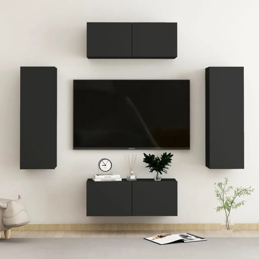 4 pcs conjunto de móveis de TV contraplacado preto