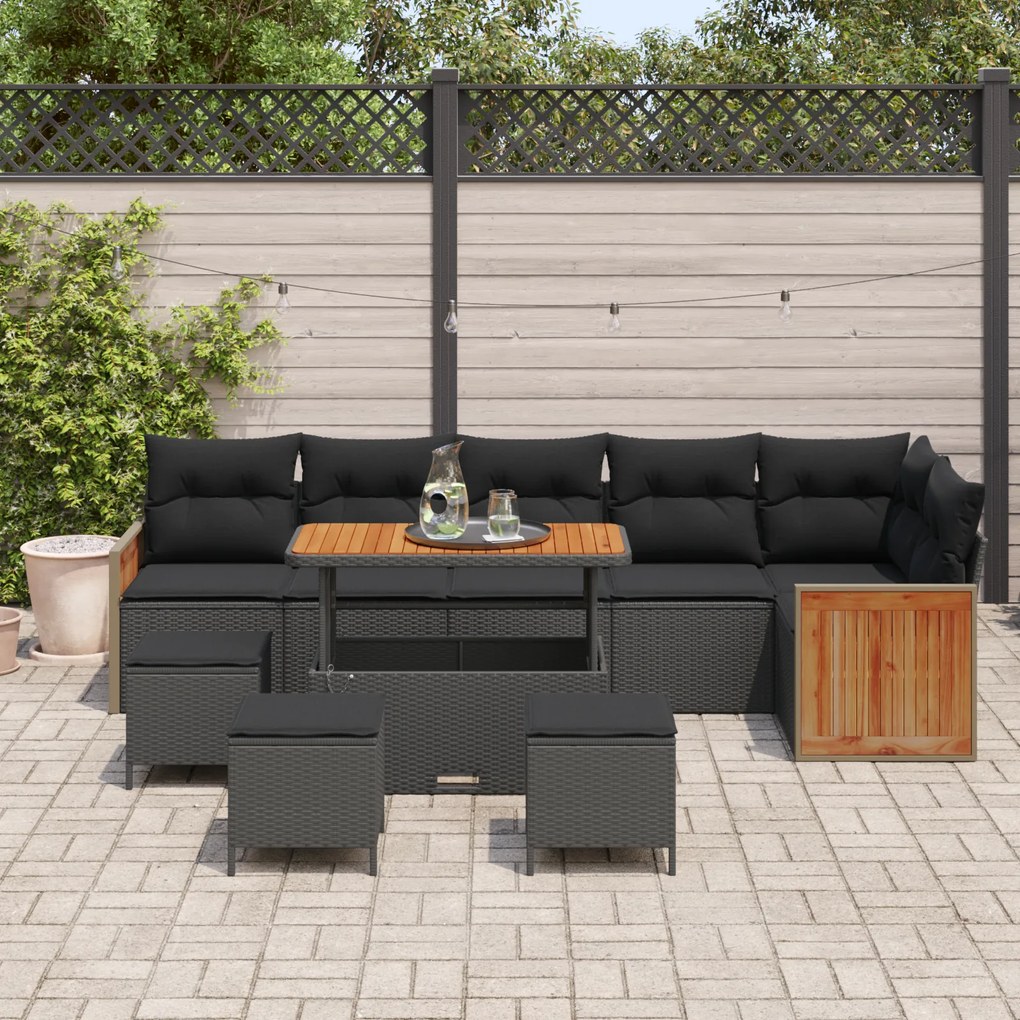 Conjunto de Sofá de Jardim de 10 Peças com Almofadas Preto Vime Sintét