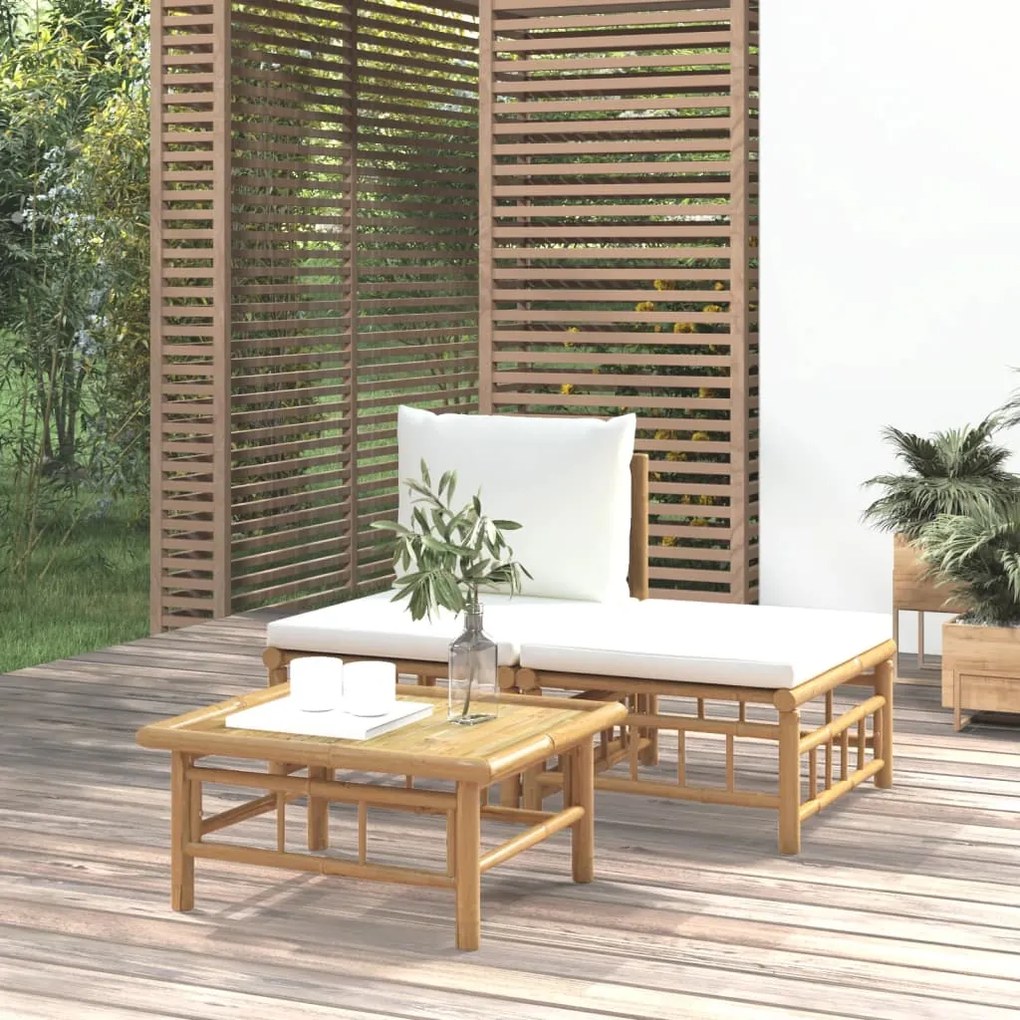 vidaXL 3 pcs conjunto lounge de jardim bambu c/ almofadões branco nata