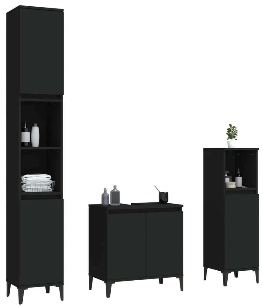3 pcs conjunto móveis casa de banho derivados de madeira preto