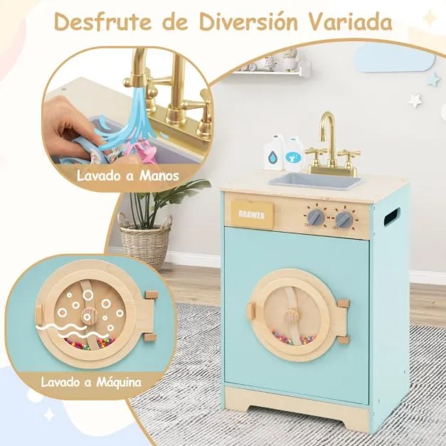 Máquina de Lavar para Crianças 40 × 30 × 75 cm com Detergente e Desinfetante para as Mãos com Pia, Gaveta e Rodas Giratórias Azul