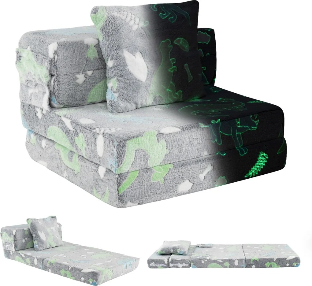 Sofá-cama para crianças  dobrável 3 em 1 com capas laváveis com fecho e almofada adicional desenhos de unicórnios cinzentos