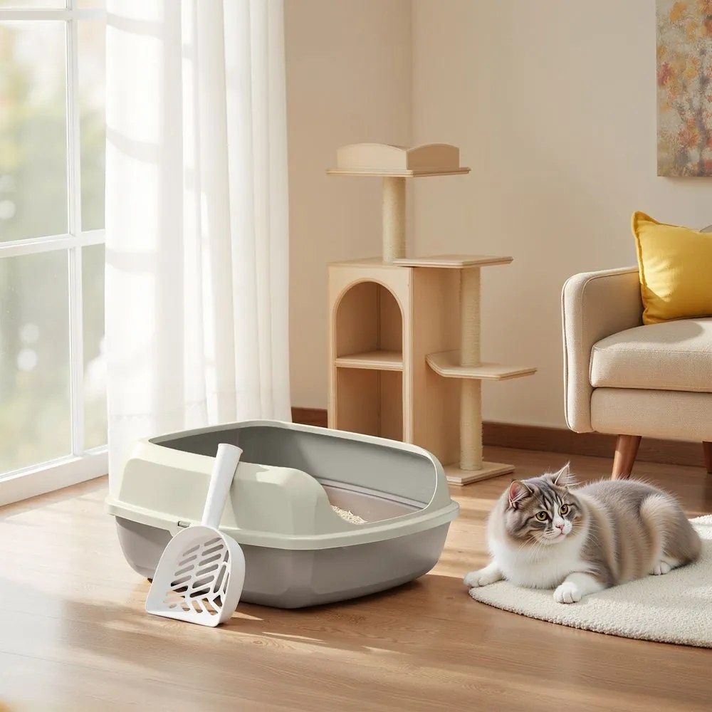 Caixa de areia para gatos com paredes laterais altas 50,5 x 37,5 x 19,5 cm, XL Bege