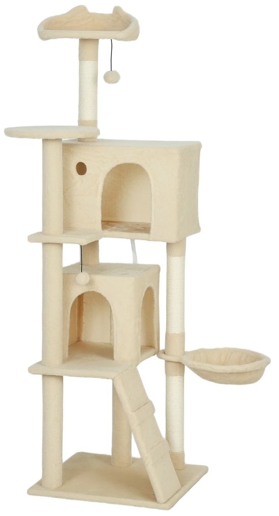 Arranhador para Gatos com Múltiplas Plataformas Cama 2 Cavernas Rede Escada Postes de Sisal 48x48x160 cm Bege